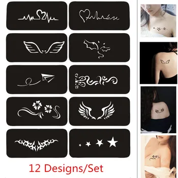 12 Minták/set Airbrush Csillám Tetoválás Stencil Csillagos Szárnya, Virág, Divat, Design, Henna Tetoválás Stencil Pochoirs Pour Peinture