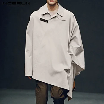A férfiak Szabálytalan Köpeny Kabátok 2021 Hajtóka Egy Gomb Streetwear Divat Vékony Árok egyszínű Laza Zsebbel Alkalmi Poncsó INCERUN 7