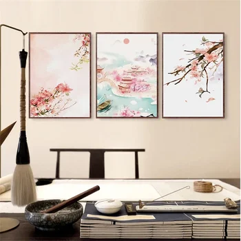 Akvarell Tájkép Vászon Festmény Rózsaszín Plum Blossom Kínai Ősi Ház Poszter Wall Art Kép A Nappali Lakberendezés